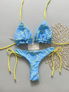 2 pièces Maillot de bain Bikini bohème élégant sexy avec perles et pois, couleur unie décontractée. Idéal pour la plage, les vacances de printemps/été - Bleu ciel - Voir 2