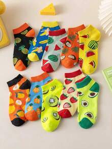 5 Pairs Women Cute Fruit Pattern Invisible Socks, Random Styles Include Strawberry, Avocado, Watermelon, Pineapple Prints, Low-Cut, Unisex, Suitable For Spring/Summer Casual Wear - Multicolor - View 5