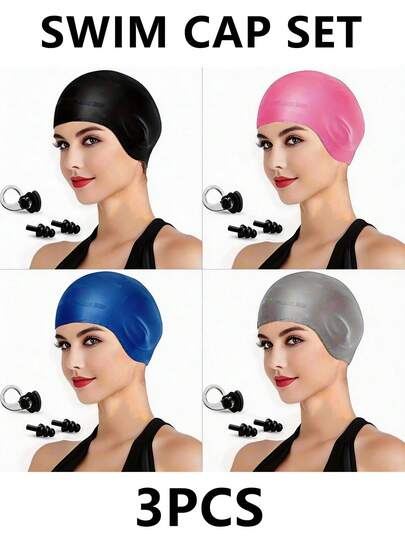 Set de 3 gorros de natación, gorro de silicona de alta calidad con protección para los oídos, adecuado para cabello largo y corto, lavable a mano, gorro de natación extra grande para hombres y mujeres. El set incluye gorro de natación, pinza nasal y tapones para los oídos.