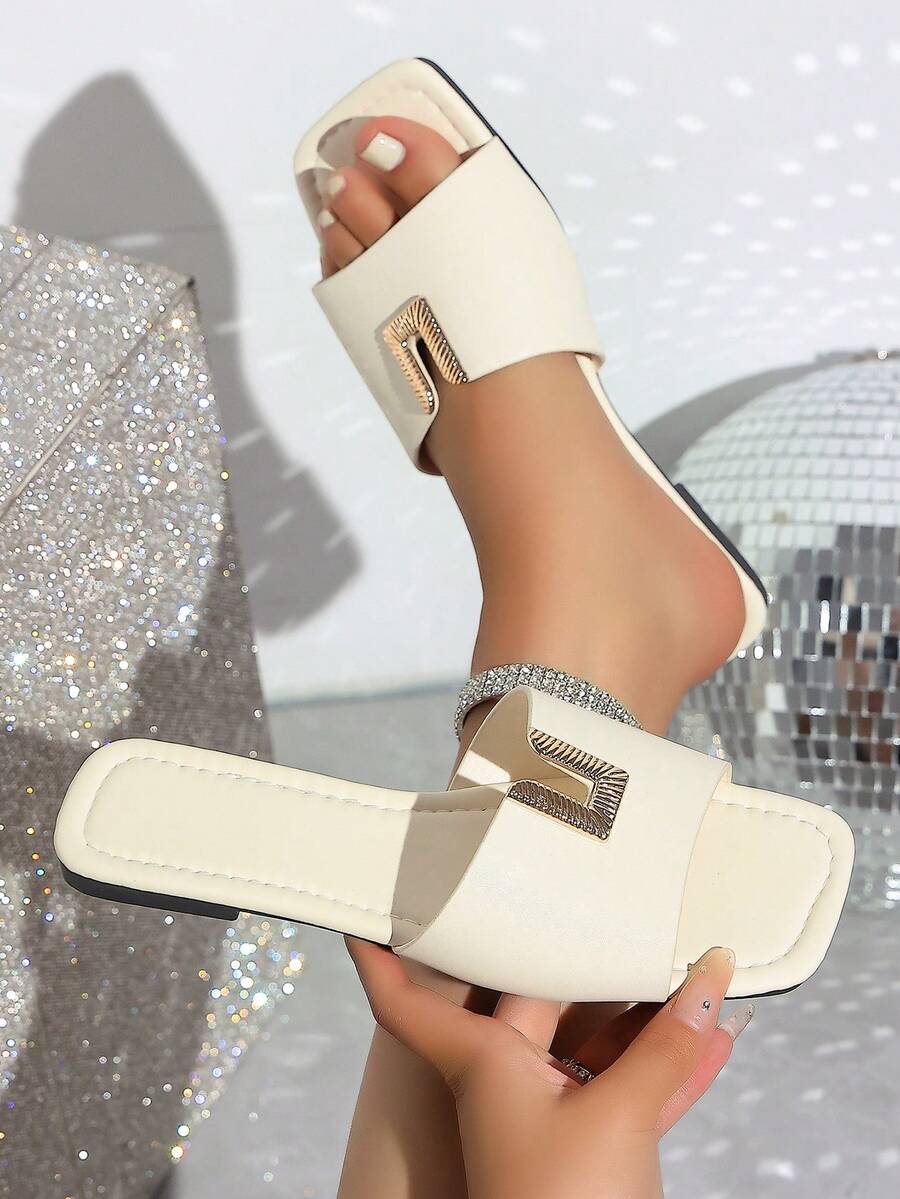 Giày sandal nữ mũi vuông, hình chữ U, khóa kim loại, màu xanh nhạt, kiểu dáng thường ngày, dễ xỏ. - Màu be - Xem 1