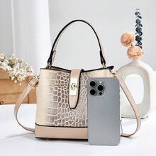 优雅漆皮鳄鱼纹手提包，时尚春夏单肩斜挎包，大容量通勤水桶包，送给妈妈的礼物，约会礼物，四季皆宜 - 卡其色 - 查看 2