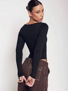 Low-Cut Bodysuit With Long Sleeves, Comfort And Style - Black - View 2