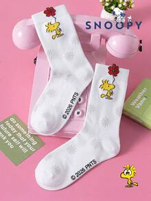 SNOOPY 1雙正版史努比圖案女款白色中筒襪，適合夏季卡通設計時尚襪可愛白色女襪 - 白色 - 查看 3