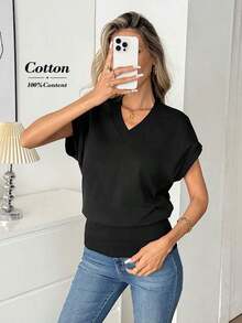 Camiseta casual de mujer de unicolor con cuello en V, mangas cortas tipo murciélago, para usar con vaqueros - Negro - Ver 6