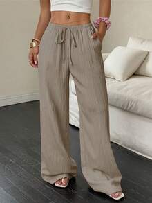 Damen Casual einfarbige Weite Hose, strukturierter Stoff Outdoor Lange Hose, Kordelzug Taille Damen modische Outdoor geeignet für Sport und Radfahren - Braun - Übersicht 4