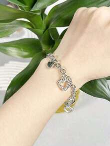 1pc Chain Link Heart Pendant CCB Bracelet, Suitable For Daily Wear Valentines,Mom,Mother,Mother's Day,Gift - 銀色 - 查看 6