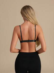 1pc Women's Summer French Triangle Cup Silk Wireless Bra, Removable Pads, Adjustable Straps, Casual Minimalist, Versatile Solid Deep V Bra - Black - View 3