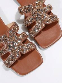 Light Luxury H-Shaped Bling Sequin Hollow Brown & Black Beach Sandals For Women, Summer Square Toe Flat Comfortable Versatile Shopping Soft Sole Elegant Outdoor Slippers - Rust Brown (champagne Sequins) - View 7