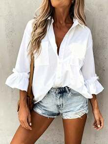 ZZLCasual Elegant And Modern Blouse With Button Collar And 3/4 Sleeves, Minimalist Top With Ruffled Cuffs And 3/4 Sleeves, White Spring Blouse For Women - 白色 - 查看 9