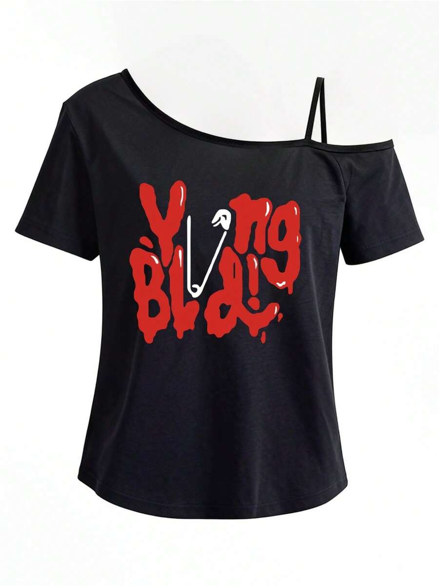 Yung Blad! Blood-Drop Gothic Font T-Shirt - Off-Shoulder Cross-Body Strap Top With Single Shoulder Strap, Short Sleeve Blouse Style Tee Suitable For - Casual Wear, Machine Washable Fashionable Outfits2026going Out Tops Women - 黑色 - 查看 1