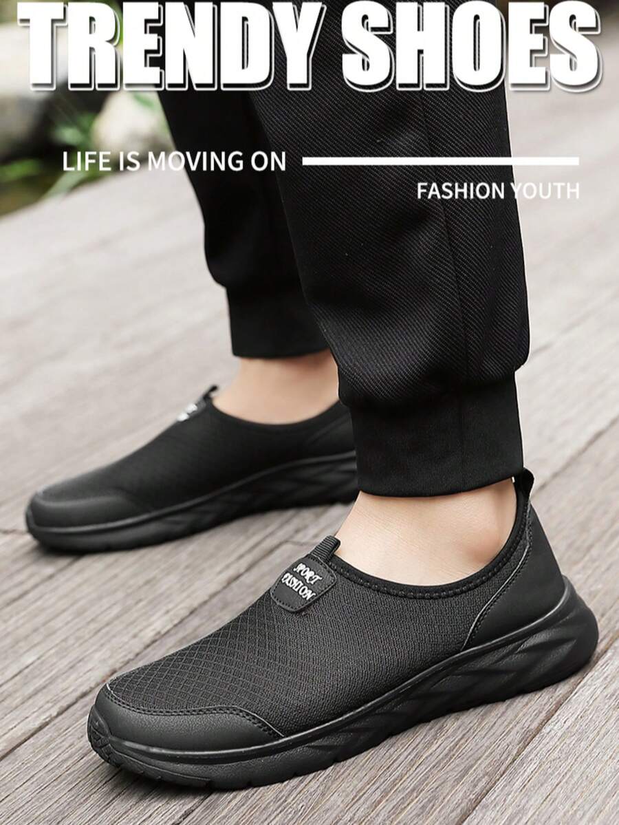 Men's Mesh Slip-On Loafers, Lightweight Breathable Walking Shoes For Spring And Summer - Black - View 1