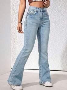 Flattering Flared Denim Pants With Decorative Pockets For A Unique Look. - Light Blue LMKF031guion1 - View 4