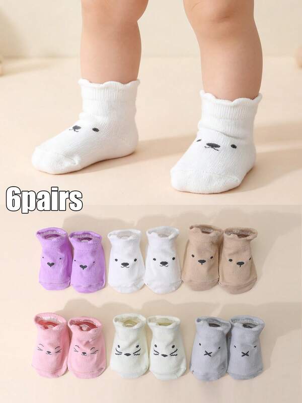6 Pairs Baby & Toddler Cartoon Anti-Slip Casual Short Socks, All-Match Minimalist Versatile Ankle Socks For All Seasons