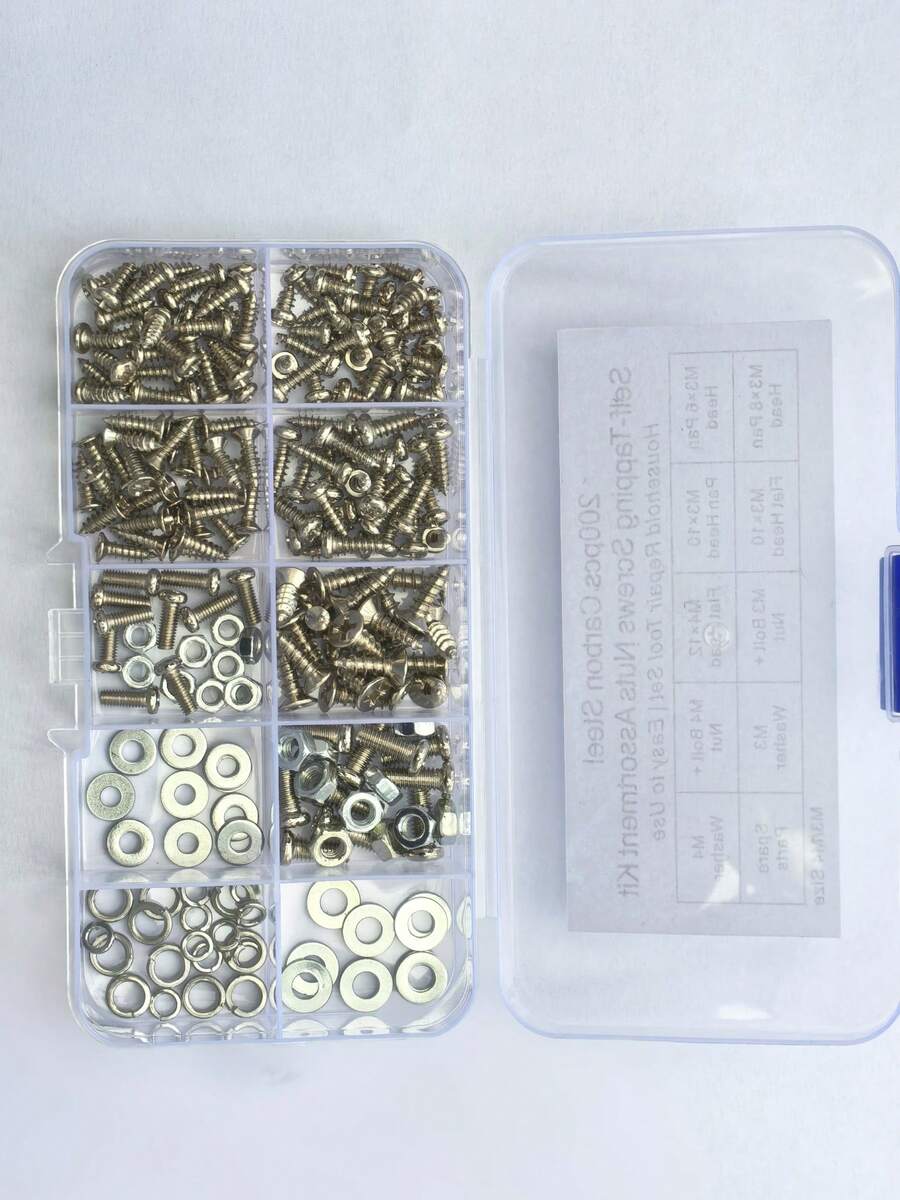 200pcs Carbon Steel Self-Tapping Screw Assortment Kit, Screws, Nuts, Flat Washers, Spring Washers, Home Repair Hardware Set - 200pcs Self-tapping Screw and Nut Combination Set - View 1