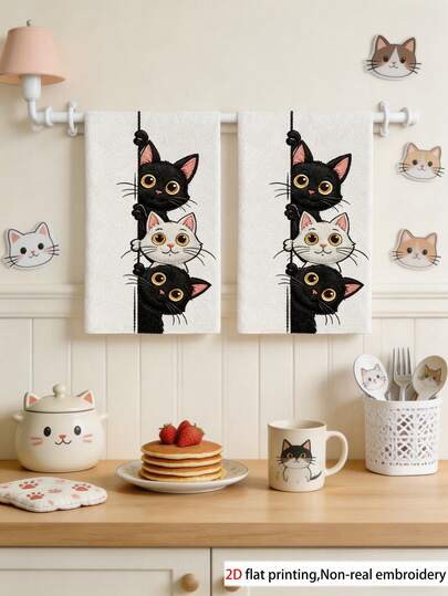 2pcs Super Soft Cat Pattern Hand Towels - Quick-Dry, Absorbent Kitchen & Bathroom Dish Cloths, Perfect For Holiday Decor Home Decorations Seasonal Home Decoration Indoor Outdoor Party Supply Table Decoration,Party Decoration,Wedding Decoration,Dining Room Kitchen Decoration,Room Decoration,Home Decoration
