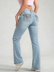 Flattering Flared Denim Pants With Decorative Pockets For A Unique Look. - 中藍LMKF82005guion1 - 查看 5