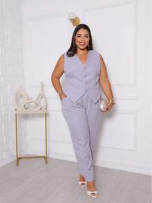 Women's Plus Size Skinny Pants And Tailored Vest Set - Elegant Formal Wear - Grey - View 1
