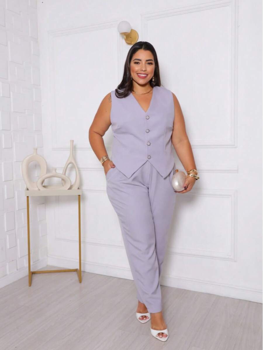 Women's Plus Size Skinny Pants And Tailored Vest Set - Elegant Formal Wear - Grey - View 1