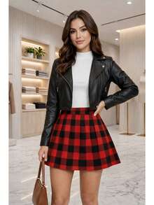 Women's Short Plaid Skirt, High Waist, Flared, Casual Style, Blogger Fashion, Autumn/Winter, Premium - Đỏ/Đen - Xem 2