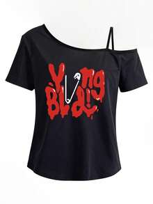 Yung Blad! Blood-Drop Gothic Font T-Shirt - Off-Shoulder Cross-Body Strap Top With Single Shoulder Strap, Short Sleeve Blouse Style Tee Suitable For - Casual Wear, Machine Washable Fashionable Outfits2026going Out Tops Women - 黑色 - 查看 6