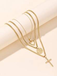 3pcs 18K Gold Plated Stainless Steel Hollow Heart, Evil Eye Bracelet, Large Cross Pendant Necklace Set, Double-Sided Polished Necklace With 45cm O-Chain, Adjustable Length. Fashionable European And American Style, Suitable For Women's Daily Decoration Or Gifts. - Yellow Gold - View 5