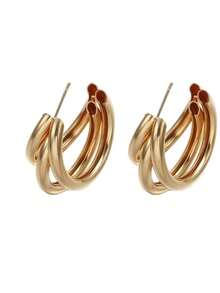 1 Pair C-Shaped 3-Layer Gold Hoop Earrings, Minimalist Twisted Design Earrings, Delicate Jewelry For Women Daily Wear, Great Gift Option - Gold - View 3
