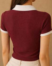 Women's Two-Tone Polo Shirt With Short Sleeves, Casual Cotton. - 壞的 - 查看 3