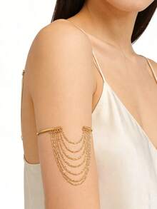 1 pieza Brazalete de cadena de acero inoxidable con capas de color dorado, brazalete de brazo superior con borlas estilo bohemio, brazalete colgante minimalista para mujeres, regalo de joyería para fiestas de playa de verano - Dorado - Ver 5