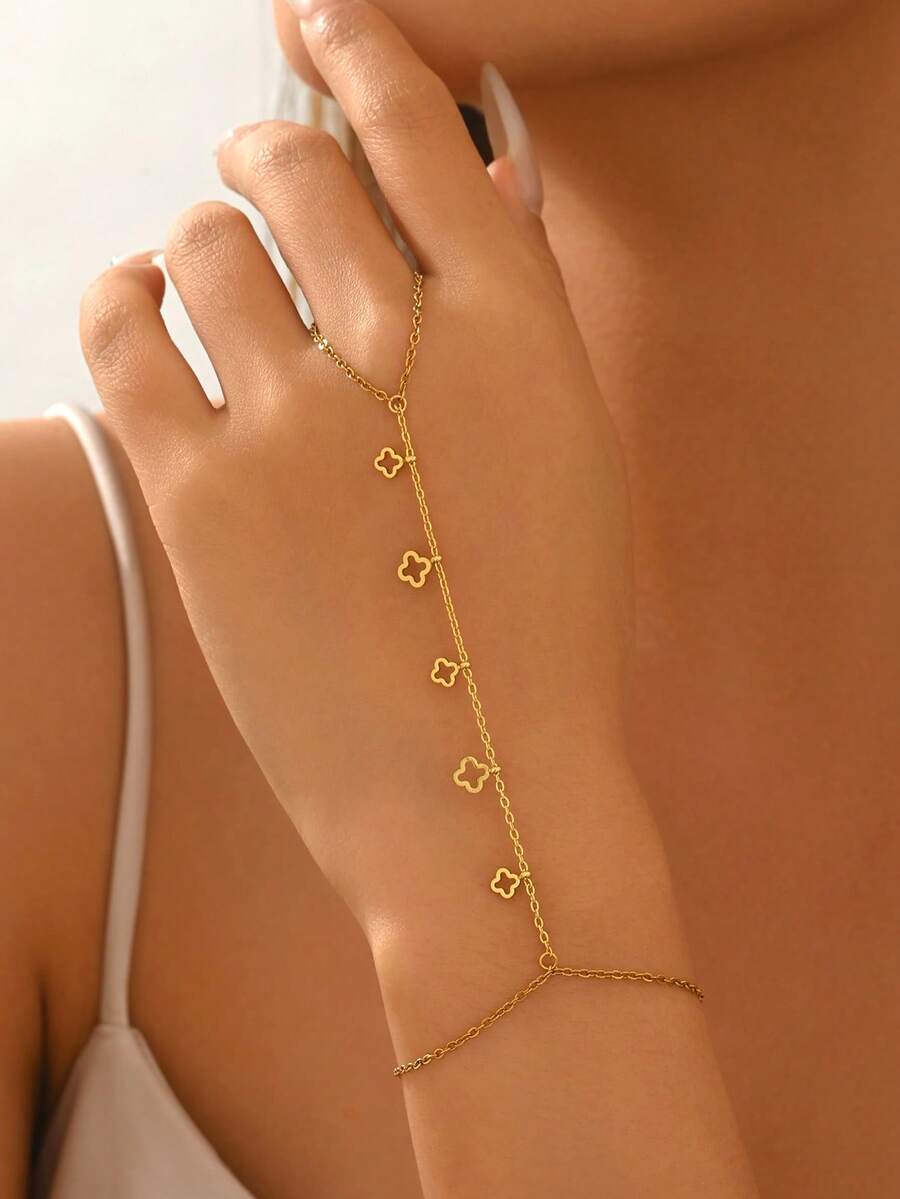 1件简约四叶草吊坠指环手链，时尚花叶四叶草设计手链，优雅不锈钢防水饰品，适合女性约会礼物或日常派对佩戴 - 金色 - 查看 1