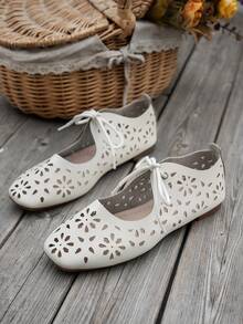 Giày bệt nữ kiểu Mary Jane, thiết kế chạm khắc rỗng thanh lịch kiểu Pháp, buộc dây, thoải mái và dễ mang. - trắng - Xem 5