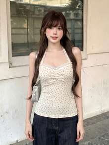 夏季蕾丝边碎花露背修身吊带背心 - 杏色 - 查看 6