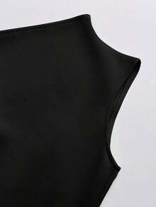 Vestido corto minimalista de mujer de unicolor elegante con hombros con lazo y sin mangas, de verano en colores claros - Negro - Ver 4