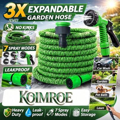 3-In-1 Expandable Garden Hose, 7.5ft To 60ft, With 7-In-1 Adjustable Spray Nozzle, Suitable For Car Washing, Lawn Watering, Plant Care And Pet Bathing, Green-Blue-Black