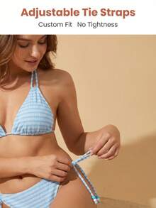 Bộ bikini hai mảnh màu xanh nhạt kẻ sọc dễ thương dành cho nữ, có chi tiết thắt nút, hoàn hảo cho vẻ ngoài gợi cảm và thanh lịch trên bãi biển. - Màu xanh lam - Xem 4