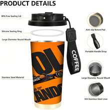 1 pieza Taza de café aislada de acero inoxidable de 530ml con tapa a prueba de fugas y correa para el hombro, diseño de coche de carreras F1, naranja brillante y negro, taza reutilizable para café/té/batidos, regalo perfecto para entusiastas de las motocicletas, opción de regalo de Navidad, botella de agua portátil para deportes al aire libre - Multicolor - Ver 5