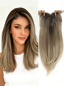 Extensión de cabello recto de 22 pulgadas, elegante pieza de cabello recto de 18-22 pulgadas para mujeres, material de fibra resistente a altas temperaturas, degradado de marrón claro a negro, adecuado para mujeres de mediana edad, fácil de usar, regalo de Navidad ideal - Multicolor - Ver 16