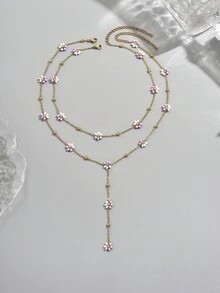 两件套可爱紫白花朵吊坠项链，不锈钢女士颈链和Y型项链，珍珠串珠花朵设计项链，适合女士日常佩戴、派对或夏季海滩，完美礼物 - 金色 - 查看 4