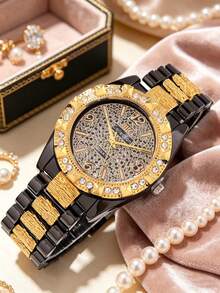 1 Set Black & Gold Rhinestone Women's Watch Jewelry Set, Luxury Ladies Accessories, Featuring Black & Gold Contrast Design. Set Includes Roman Numeral Quartz Watch, Heart-Shaped Open Bangle, And Rhinestone Tennis Bracelet, Exuding Elegant And Understated Luxury Style. - Multicolor - View 4