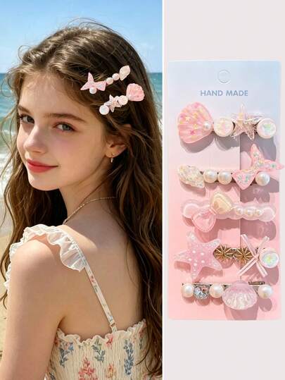 5件套海洋风女孩发夹套装，贝壳海星珍珠发饰