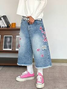 1pc Hearty Haven Men's American Streetwear Embroidered Distressed Denim Shorts, Comfortable Loose Wide Leg Frayed Hem Casual Bermuda Shorts, No Belt & Accessories - 藍色 - 查看 9