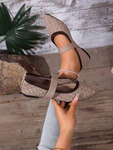 Women's Pointed Toe Mary Jane Flat Shoes [1 Pair] Khaki Vintage Knit Elastic Strap Flats, Colorblock Collar, Soft Sole, Breathable, Comfortable, Suitable For Commuting, Work, Driving, Daily Wear, Versatile, Gentle Elegant, Low Vamp Women's Shoes - Khaki - View 5