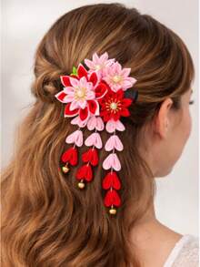 1 pièce Pince à cheveux style japonais avec pompon et fleur, accessoires de cheveux kimono vintage, épingles à cheveux florales en tissu faites à la main avec clochettes pour femmes et filles, ornements de cheveux japonais traditionnels pour cosplay, fête, port quotidien, voyage, anniversaire - Multicolore - Voir 10