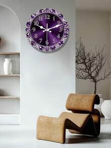 1pc Luxurious Purple Crystal And Diamond Floral Wall Clock | Quiet, Tick-Free, Battery-Powered, Round Modern Large Screen Manufactured Wood Clock For Living Room, Bedroom, Office Decor - Elegant Timepiece, 2D Flat Design - Multicolor - View 6