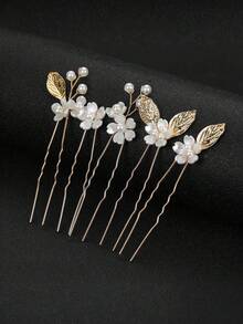 5 chiếc kẹp tóc hoa và lá đính ngọc trai thủ công màu vàng, phụ kiện cô dâu, tiệc cưới. - Vàng - Xem 6