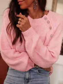 Light Luxury Soft Pink Knitted Sweater, Asymmetric Rhinestone Button Design, Round Neck Loose Pullover Top, European And American Influencer Style, Back To School And Commuting Blouse - Pink - View 3