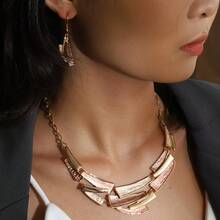 [Elegant Geometric Jewelry Set] KC Golden Plated Women's Jewelry Set - Elegant Geometric Link Necklace & Earrings, Vintage Bohemian Style, Daily Wear Or Parties, All-Season Accessory - 綠色 - 查看 5