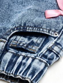 Young Girl's Sweet & Cute Light Wash Denim Bow Decor Hip-Covering Skirt, Fashionable Elastic Waist, Suitable For All Seasons - Light Wash - View 6