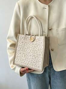2026 New Fashion Floral Canvas Tote Bag, Minimalist Versatile Commuter Lunch Bag, Spacious Lightweight Waterproof Durable High-Quality Design, Suitable For Daily Commute, Travel, Shopping - Multicolor - View 3