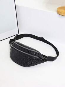 亮面鳄鱼纹腰包/胸包，简约时尚，男女通用，双拉链腰包，欧美运动斜挎胸包/单肩包，适合日常出行、旅行、度假、户外运动、母亲节、父亲节、节日礼物 - 黑色 - 查看 10
