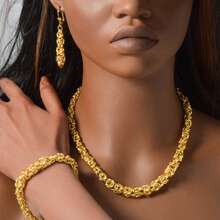 3pcs 18K Gold Chunky Chain Jewelry Set, Vintage Necklace Bracelet Earrings For Women Party Wear - Gold - View 2